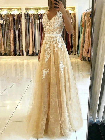 Long A-line v-neck Tulle Lace Prom Dress Champagne Backless Formal Graduation Evening Dresses