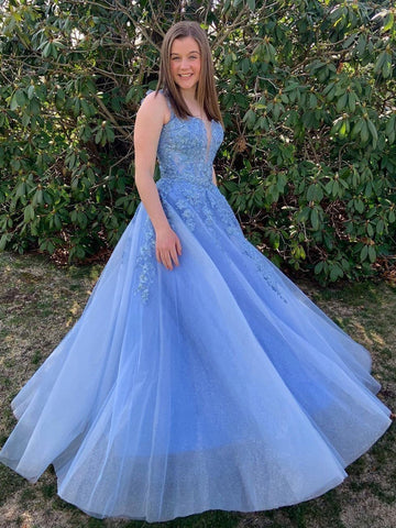 Vestidos largos de noche de graduación formales con escote en V y tul con encaje