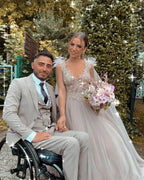 Long A-line V-neck Tulle Lace Wedding Dress with Fur Tulle Sweet Cape by BIZTUNNEL
