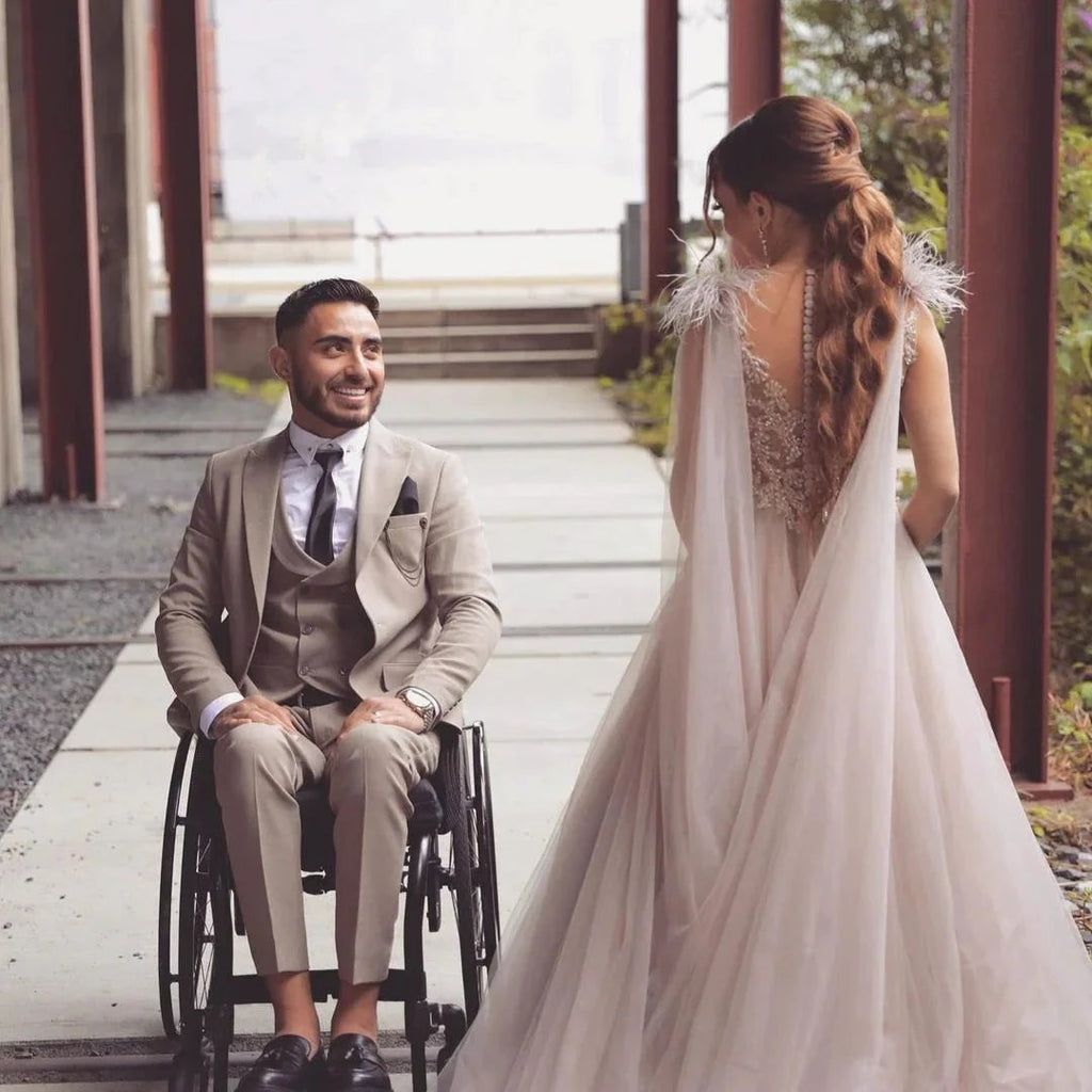 Long A-line V-neck Tulle Lace Wedding Dress with Fur Tulle Sweet Cape by BIZTUNNEL