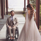 Long A-line V-neck Tulle Lace Wedding Dress with Fur Tulle Sweet Cape by BIZTUNNEL