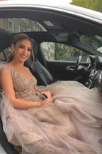 Long A-line V-neck Tulle Lace Wedding Dress with Fur Tulle Sweet Cape by BIZTUNNEL