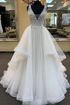 Long A-line V-neck Tulle Lace Wedding Dress by BIZTUNNEL