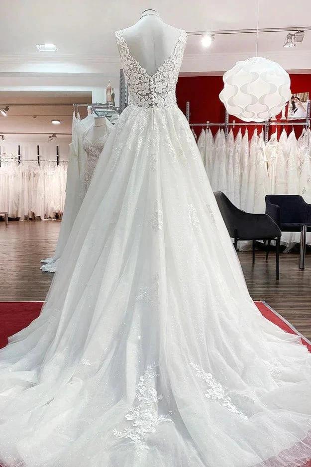 Long A-line V-neck Tulle Lace White Ruffles Wedding Dresses by BIZTUNNEL