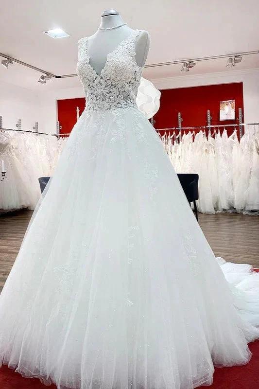 Long A-line V-neck Tulle Lace White Ruffles Wedding Dresses by BIZTUNNEL