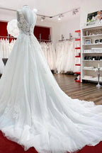 Long A-line V-neck Tulle Lace White Ruffles Wedding Dresses by BIZTUNNEL