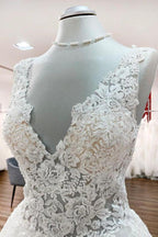 Long A-line V-neck Tulle Lace White Ruffles Wedding Dresses by BIZTUNNEL