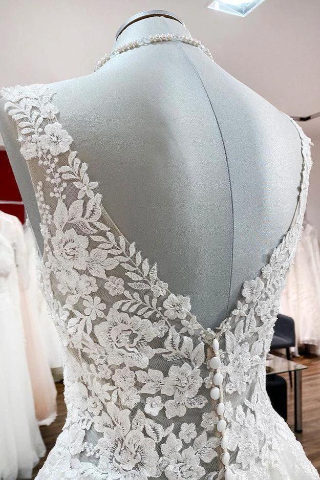 Long A-line V-neck Tulle Lace White Ruffles Wedding Dresses by BIZTUNNEL