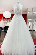 Long A-line V-neck Tulle Lace White Ruffles Wedding Dresses by BIZTUNNEL