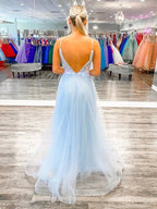 Long A Line V Neck Tulle Open Back Prom Dress with Lace Flowers Sky Blue Formal Graduation Evening Dresses by BIZTUNNEL