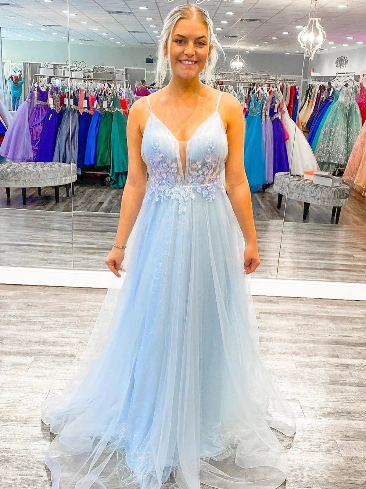 Long A Line V Neck Tulle Open Back Prom Dress with Lace Flowers Sky Blue Formal Graduation Evening Dresses by BIZTUNNEL