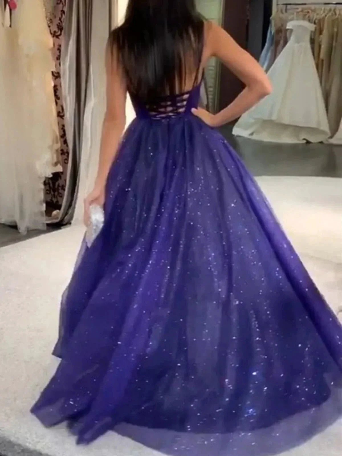 Long A Line V Neck Tulle Prom Dress Backless Formal Evening Gowns by BIZTUNNEL