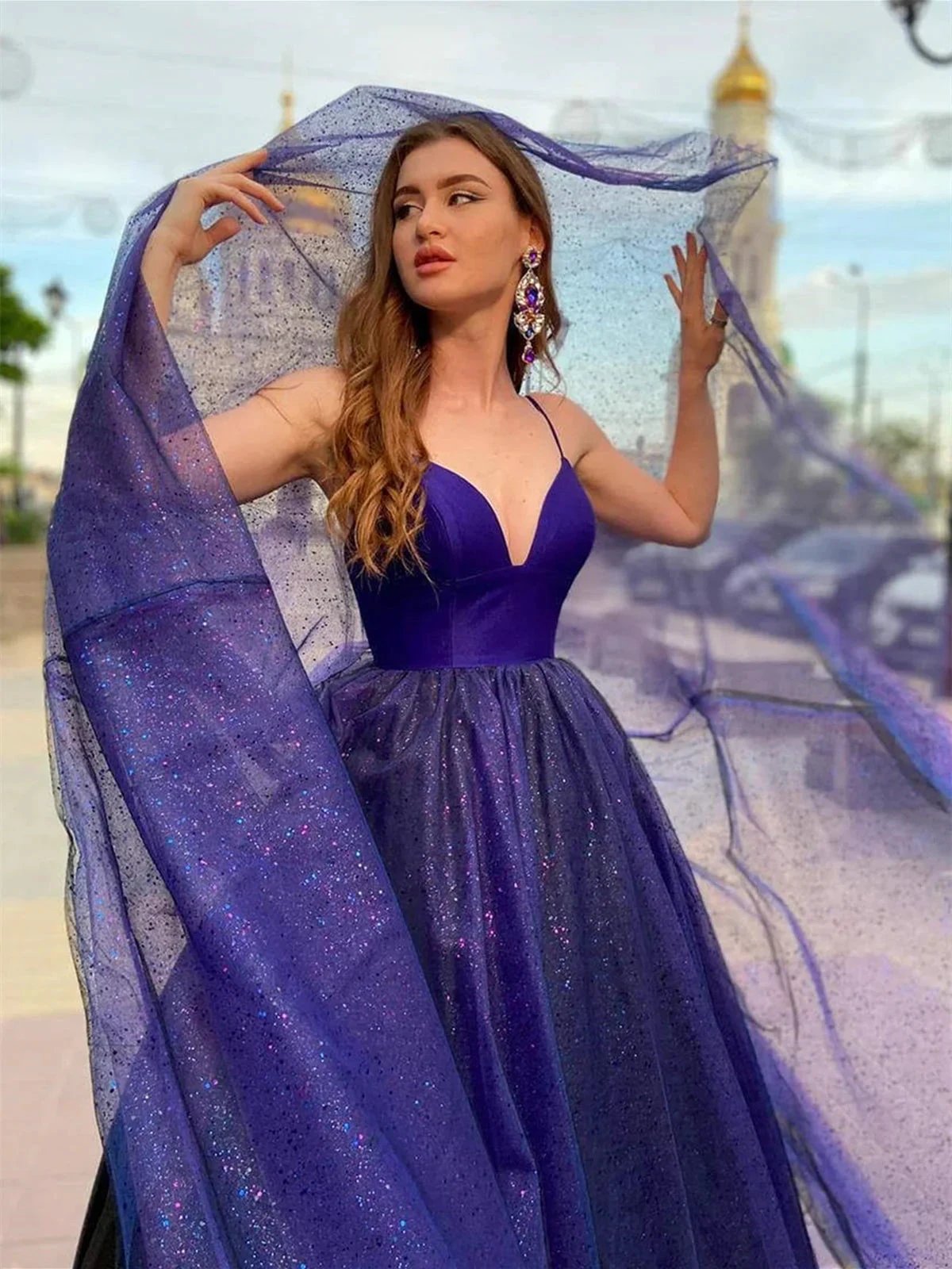 Long A Line V Neck Tulle Prom Dress Backless Formal Evening Gowns by BIZTUNNEL
