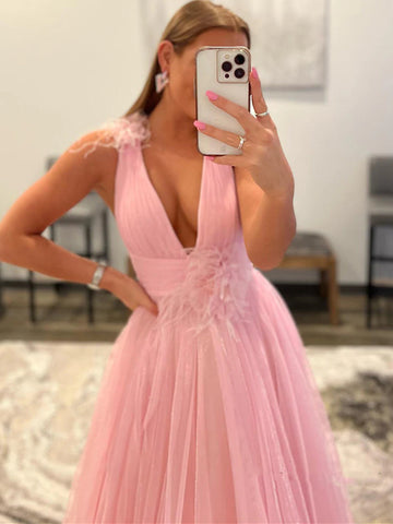 Long A-line V-neck Tulle Prom Dress with Pockets Pink Formal Graduation Evening Dresses