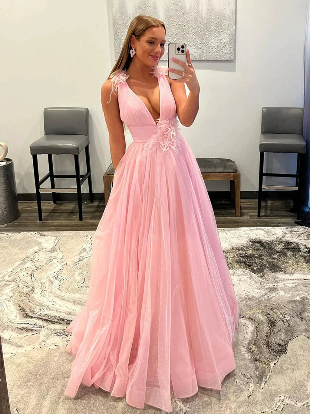 Long A-line V-neck Tulle Prom Dress with Pockets Pink Formal Graduation Evening Dresses by BIZTUNNEL