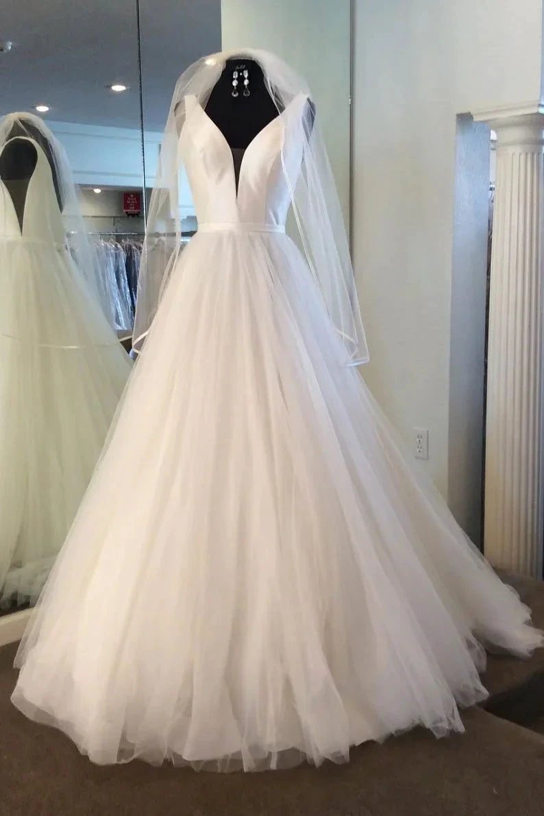 Long A-line V Neck Tulle Satin Wedding Dress by BIZTUNNEL