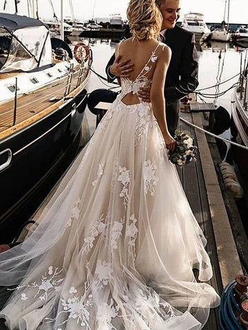 Long A-Line V Neck Tulle Spaghetti Strap Backless Wedding Dresses