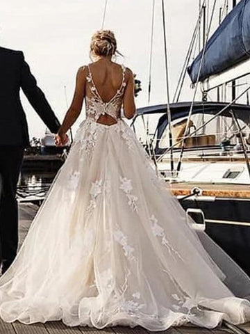 Long A-Line V Neck Tulle Spaghetti Strap Backless Wedding Dresses