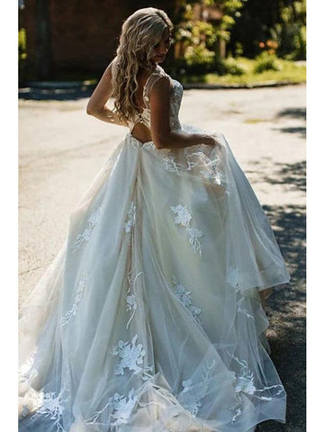 Long A-Line V Neck Tulle Spaghetti Strap Backless Wedding Dresses