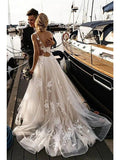 Long A-Line V Neck Tulle Spaghetti Strap Backless Wedding Dresses by BIZTUNNEL
