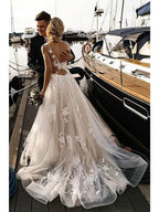 Long A-Line V Neck Tulle Spaghetti Strap Backless Wedding Dresses by BIZTUNNEL