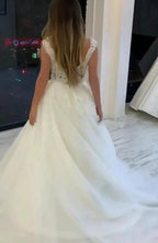 Long A-Line V-neck Wide Straps Appliques Lace Pearl Tulle Wedding Dress by BIZTUNNEL