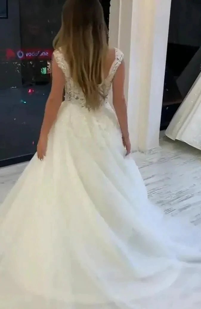 Long A-Line V-neck Wide Straps Appliques Lace Pearl Tulle Wedding Dress by BIZTUNNEL