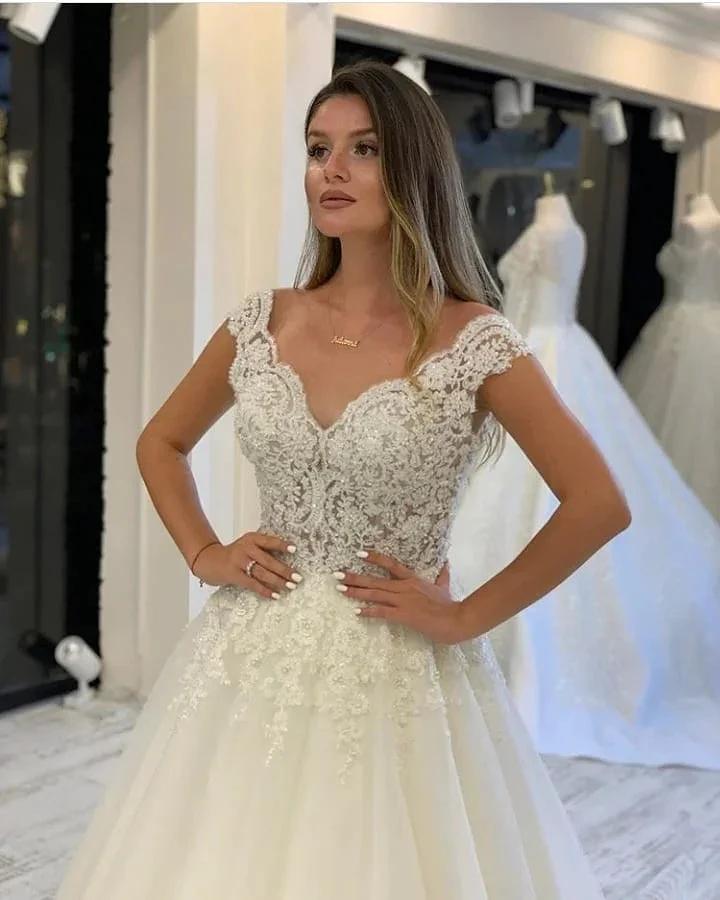 Long A-Line V-neck Wide Straps Appliques Lace Pearl Tulle Wedding Dress by BIZTUNNEL