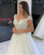 Long A-Line V-neck Wide Straps Appliques Lace Pearl Tulle Wedding Dress by BIZTUNNEL