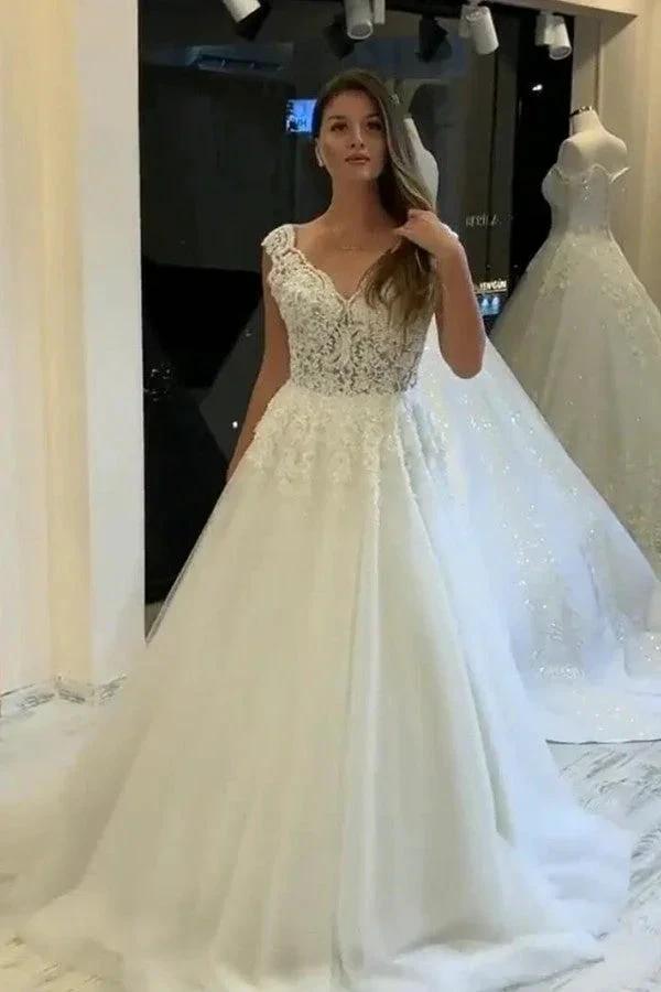 Long A-Line V-neck Wide Straps Appliques Lace Pearl Tulle Wedding Dress by BIZTUNNEL