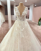 Long A-Line V-neck Wide Straps Appliques Lace Tulle Wedding Dress by BIZTUNNEL
