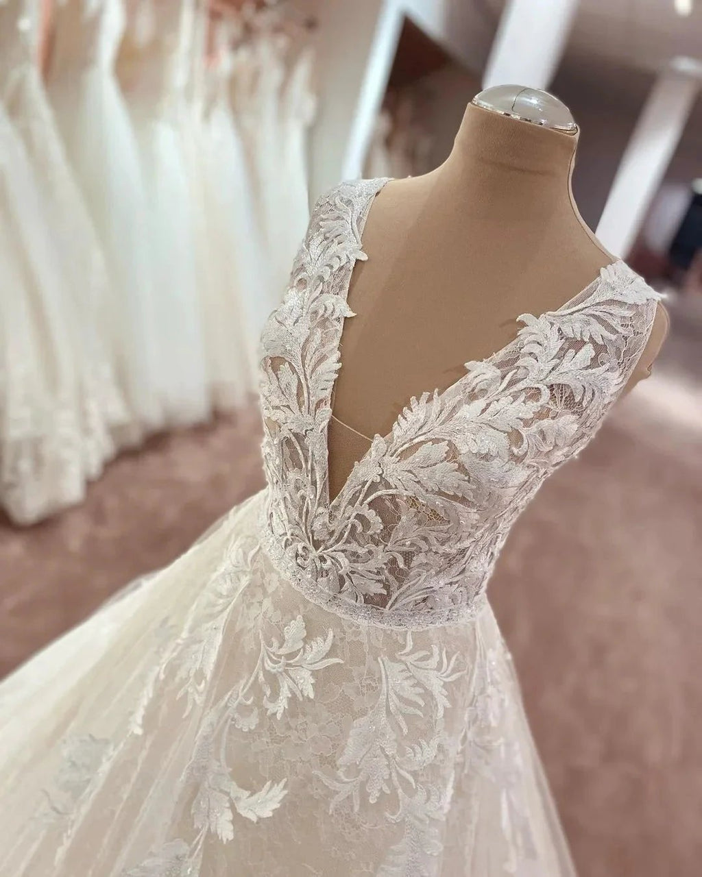 Long A-Line V-neck Wide Straps Appliques Lace Tulle Wedding Dress by BIZTUNNEL