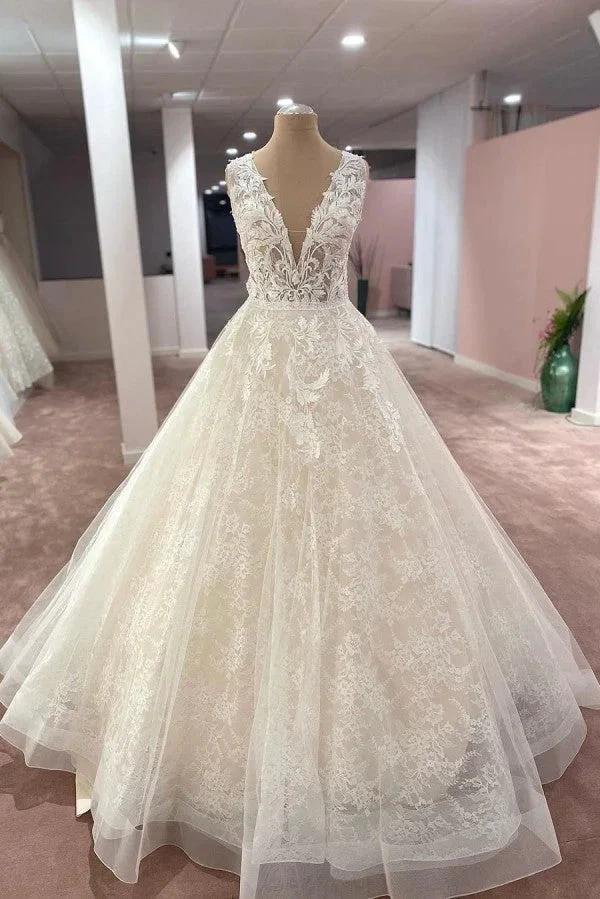 Long A-Line V-neck Wide Straps Appliques Lace Tulle Wedding Dress by BIZTUNNEL
