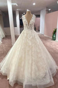 Long A-Line V-neck Wide Straps Appliques Lace Tulle Wedding Dress by BIZTUNNEL