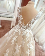 Long A-Line V-neck Wide Straps Backless Appliques Lace Tulle Wedding Dress by BIZTUNNEL