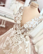 Long A-Line V-neck Wide Straps Backless Appliques Lace Tulle Wedding Dress by BIZTUNNEL