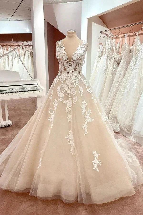 Long A-Line V-neck Wide Straps Backless Appliques Lace Tulle Wedding Dress by BIZTUNNEL
