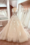 Long A-Line V-neck Wide Straps Backless Appliques Lace Tulle Wedding Dress by BIZTUNNEL