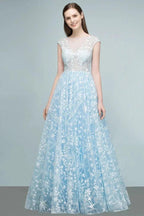 Long Appliqued Tulle A-line Cap Sleeves Prom Dresses by misshow.com
