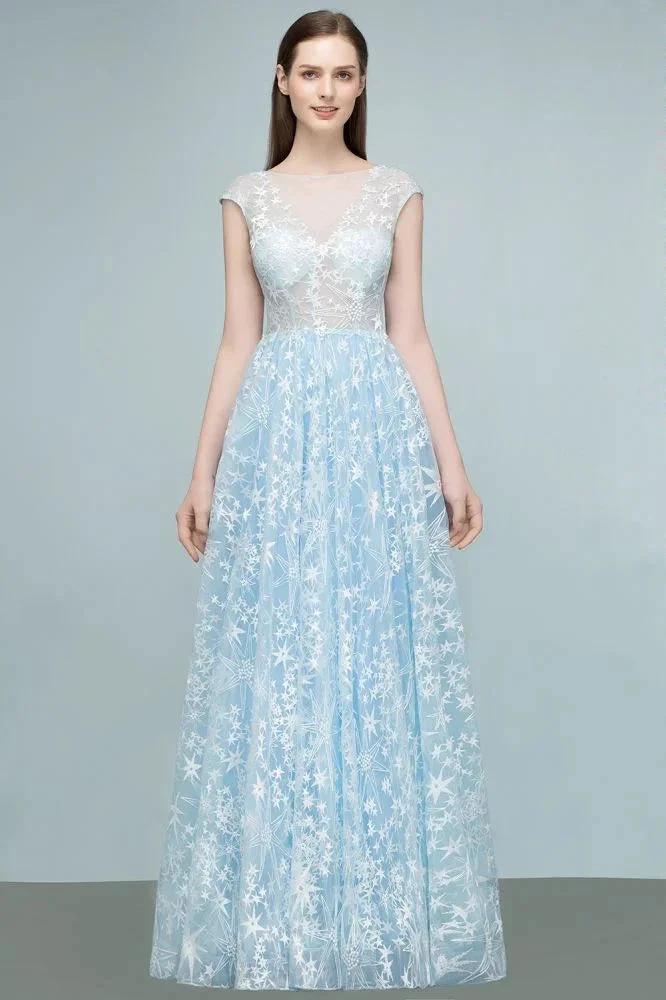 Long Appliqued Tulle A-line Cap Sleeves Prom Dresses by misshow.com