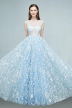 Long Appliqued Tulle A-line Cap Sleeves Prom Dresses by misshow.com
