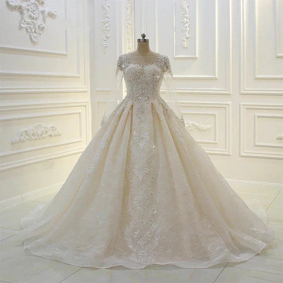 Long Ball Gown Beading Bateau Appliques Lace Wedding Dress with Sleeves by BIZTUNNEL