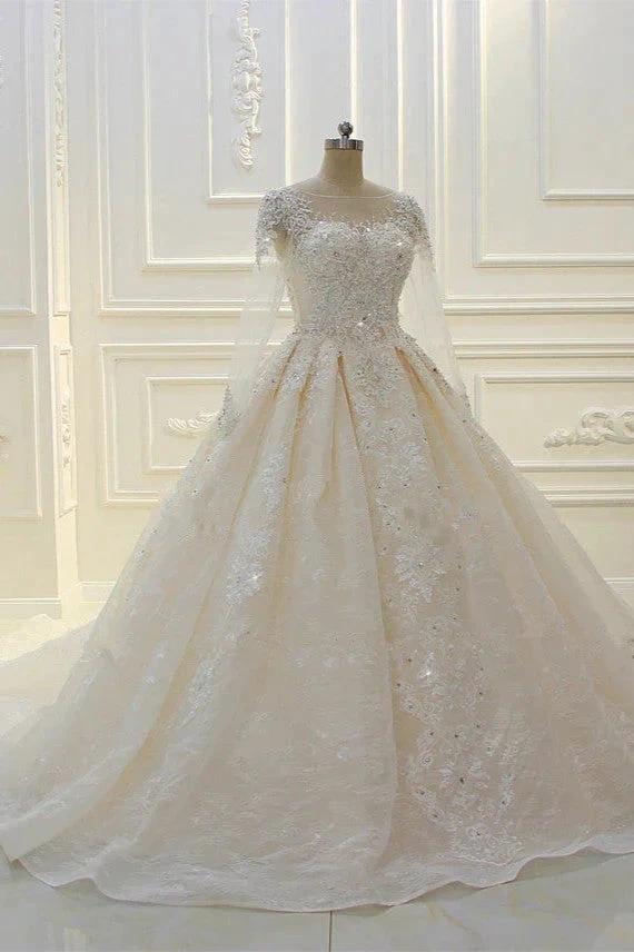 Long Ball Gown Beading Bateau Appliques Lace Wedding Dress with Sleeves by BIZTUNNEL