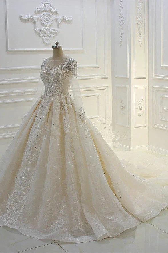 Long Ball Gown Beading Bateau Appliques Lace Wedding Dress with Sleeves by BIZTUNNEL