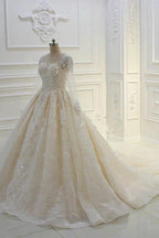 Long Ball Gown Beading Bateau Appliques Lace Wedding Dress with Sleeves by BIZTUNNEL