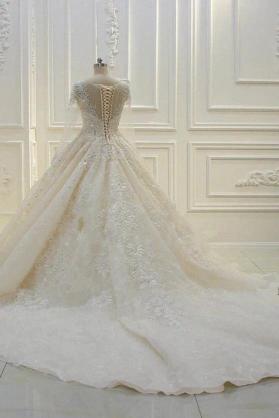 Long Ball Gown Beading Bateau Appliques Lace Wedding Dress with Sleeves by BIZTUNNEL