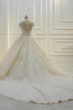 Long Ball Gown Beading Bateau Appliques Lace Wedding Dress with Sleeves by BIZTUNNEL
