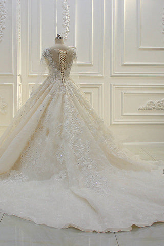 Long Ball Gown Beading Bateau Appliques Lace Wedding Dress with Sleeves
