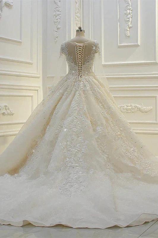 Long Ball Gown Beading Bateau Appliques Lace Wedding Dress with Sleeves by BIZTUNNEL