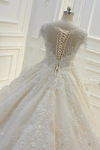Long Ball Gown Beading Bateau Appliques Lace Wedding Dress with Sleeves by BIZTUNNEL